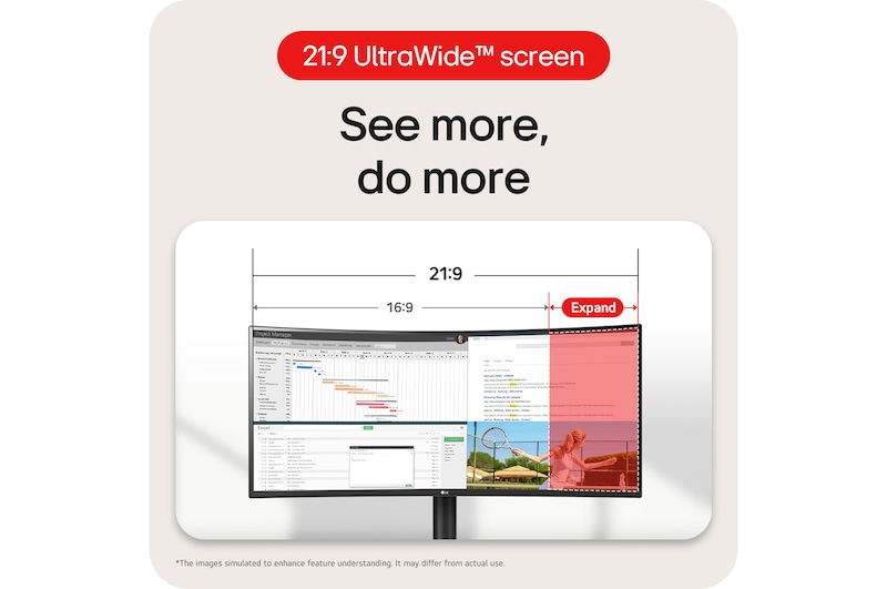 LG UltraWide Monitor 34WR55QK showcasing the 21:9 UltraWide™ screen, which provides an expanded workspace for multitasking compared to 16:9.