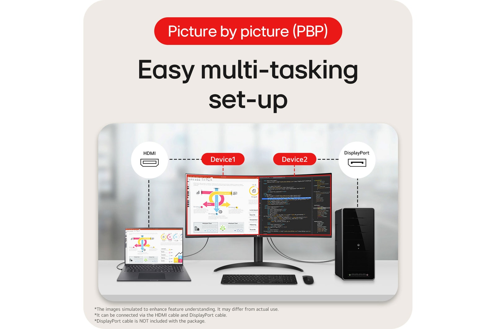 LG UltraWide Monitor 34WR55QK showcasing the Picture-by-Picture (PBP) function, displaying two device screens side-by-side for easy multi-tasking setup.