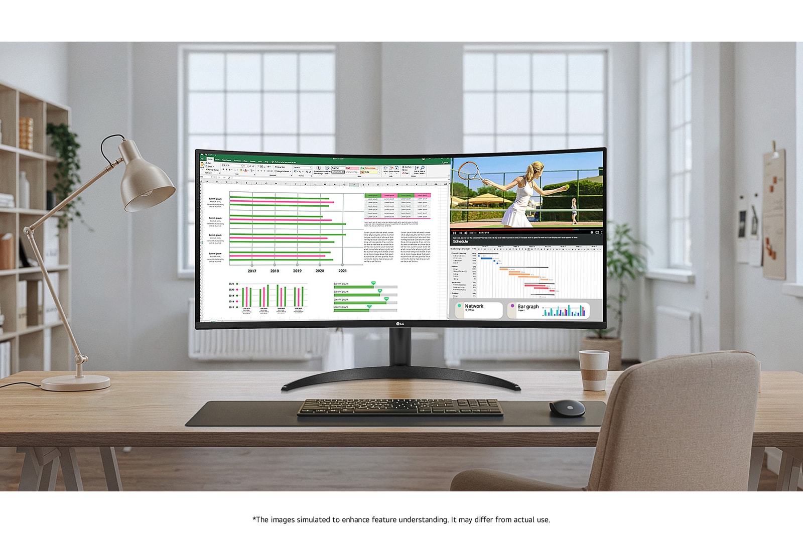 The LG UltraWide Monitor 34WR55QK with a 21:9 curved screen design shown in a bright office environment, demonstrating multitasking with a spreadsheet and video.