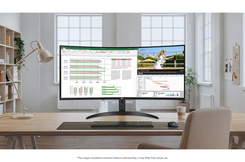 The LG UltraWide Monitor 34WR55QK with a 21:9 curved screen design shown in a bright office environment, demonstrating multitasking with a spreadsheet and video.