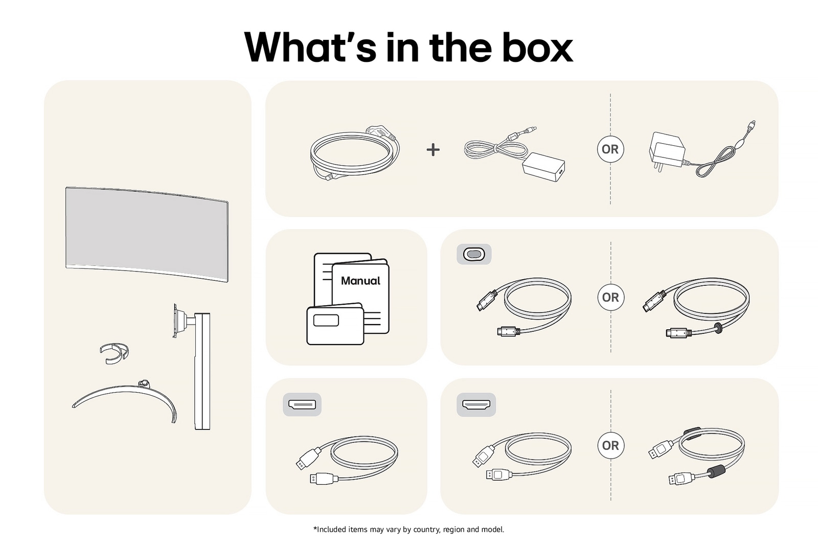 LG UltraWide Monitor 34WR55QK showing an overview of all included components in the box, including the monitor body, stand, manual, USB-C, HDMI, and DP cables.