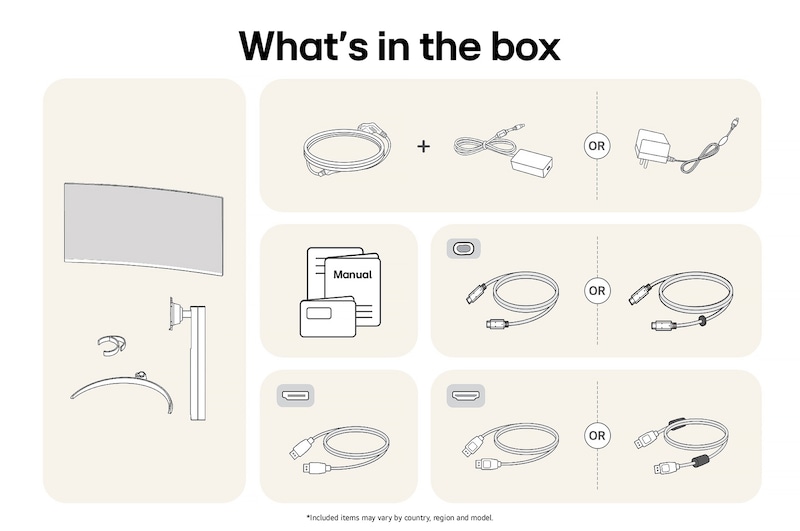 LG UltraWide Monitor 34WR55QK showing an overview of all included components in the box, including the monitor body, stand, manual, USB-C, HDMI, and DP cables.