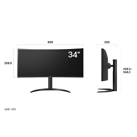 LG UltraWide Monitor 34WR55QK displaying dimensions, measuring 809 mm width, 358.9 mm display height, 458.3 mm to 568.3 mm total height, and 260 mm depth.