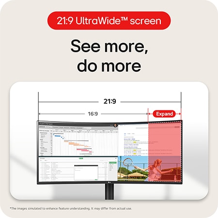 LG UltraWide Monitor 34WR55QK showcasing the 21:9 UltraWide™ screen, which provides an expanded workspace for multitasking compared to 16:9.