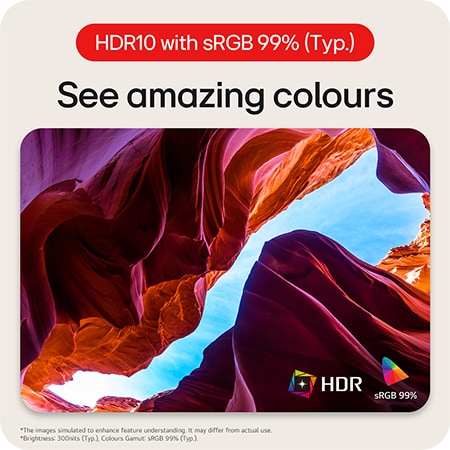 LG UltraWide Monitor 34WR55QK featuring HDR10 support and sRGB 99% colour gamut, displaying amazing and vivid colours.