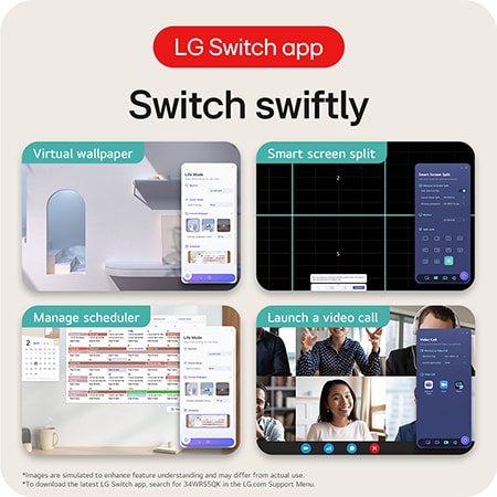 The LG Switch app feature on the LG UltraWide Monitor 34WR55QK demonstrates productivity functions including Smart Screen Split, schedule management, and launching video calls.