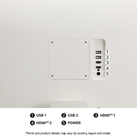 Rear view of the LG Monitor 32SR50F in a white finish, showcasing dual HDMI and dual USB ports for versatile connectivity.