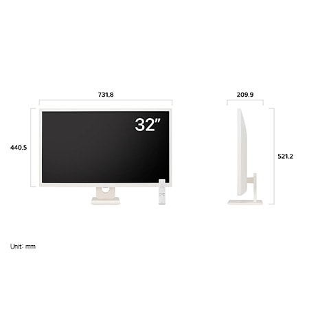 LG Smart Monitor 32SR50F in a white finish displaying dimensions, measuring 731.8 mm width, 440.5 mm display height, 521.2 mm total height, and 209.9 mm depth.