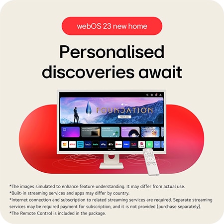 The LG Smart Monitor 32SR50F in a white finish, featuring the webOS 23 smart platform, enabling access to streaming apps and personalized content via a remote control.