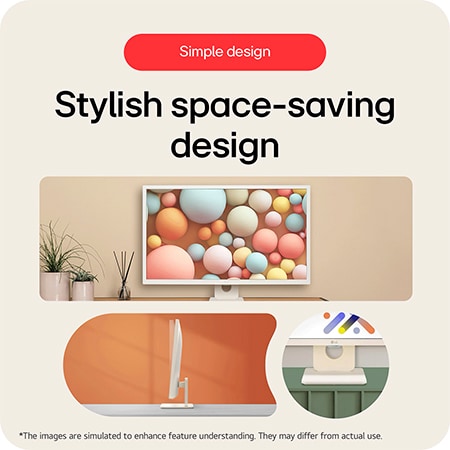 The LG Smart Monitor 32SR50F in a white finish, showcases its space-saving design with a 3-side slim bezel and a clean, square stand base.