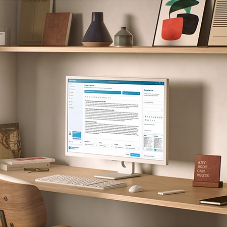 The LG Smart Monitor 32SR50F in a white finish, featuring a stylish design that integrates perfectly into a warm, modern home office for document and productivity work.