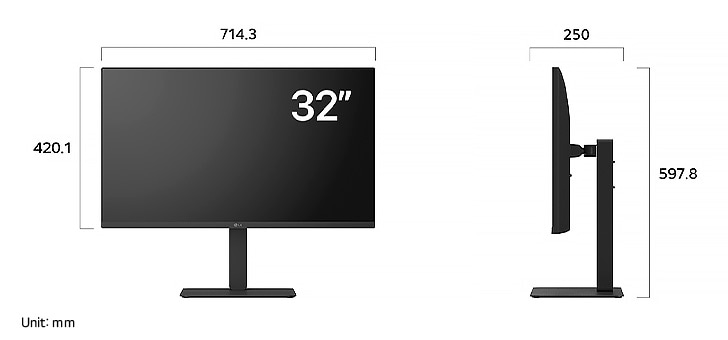 LG Monitor 32U720A in a dark finish displaying product dimensions of the 32-inch Display, measuring 714.3 mm width, 420.1 mm display height, 597.8 mm total height, and 250 mm depth.