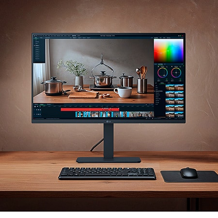 LG Monitor 32U720A in a dark finish positioned at the center of a warmly lit wooden desk setup, displaying video editing software for professional color grading.