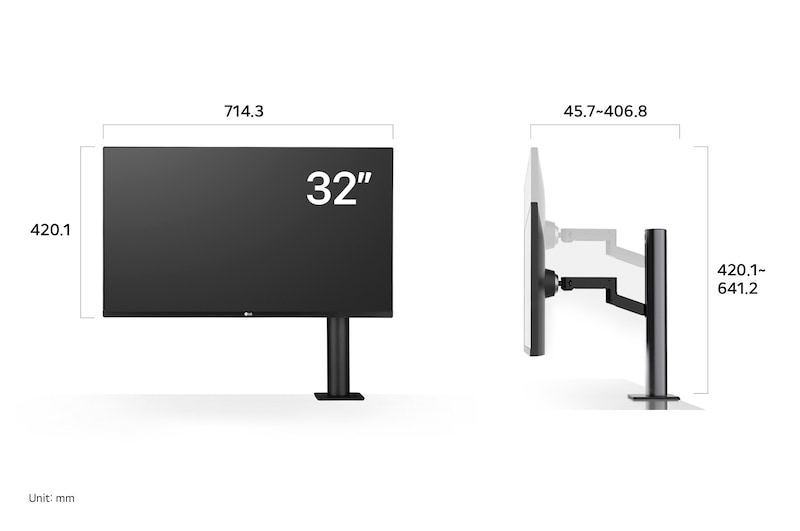 LG Monitor 32UN880K in a dark finish displaying product dimensions including the Ergo stand, measuring 714.3 mm width, 420.1 mm display height, 420.1~641.2 mm height range, and 45.7~406.8 mm depth range.