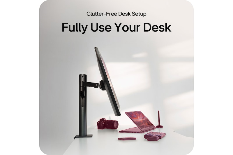 LG Monitor 32UN880K showcasing perfect adjustability through the Ergo stand features, including Extension (180mm), Swivel (± 280°), and Height adjustment (130mm).