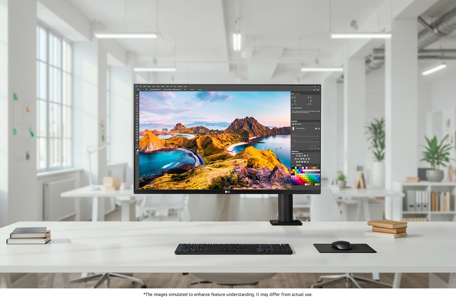 LG Monitor 32UN880K in a dark finish positioned at the center of a bright open-office setup on a white desk, displaying photo editing software for efficient professional work.