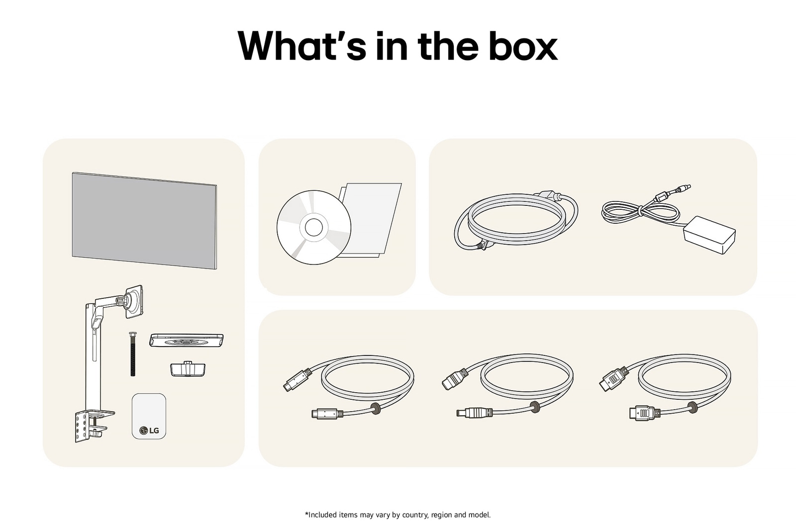 LG Monitor 32UN880K showing an overview of all included components, including the monitor body, Ergo stand, manual, power adapter, and HDMI, DP, and USB-C cables.