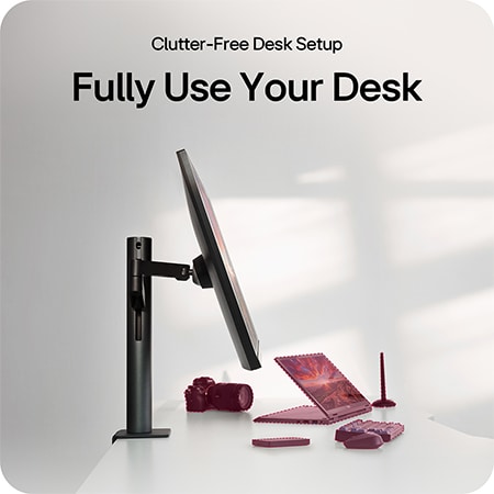 LG Monitor 32UN880K showcasing perfect adjustability through the Ergo stand features, including Extension (180mm), Swivel (± 280°), and Height adjustment (130mm).