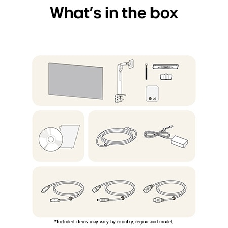 LG Monitor 32UN880K showing an overview of all included components, including the monitor body, Ergo stand, manual, power adapter, and HDMI, DP, and USB-C cables.