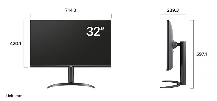 LG Monitor 32UR550K displaying dimensions, measuring 714.3 mm width, 420.1 mm display height, 597.1 mm total height, and 239.3 mm depth.