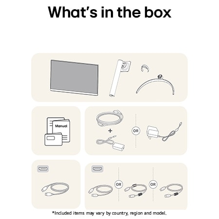 LG Monitor 32UR550K showing an overview of all included components, including the monitor body, stand parts, manual, HDMI, and DP cables.