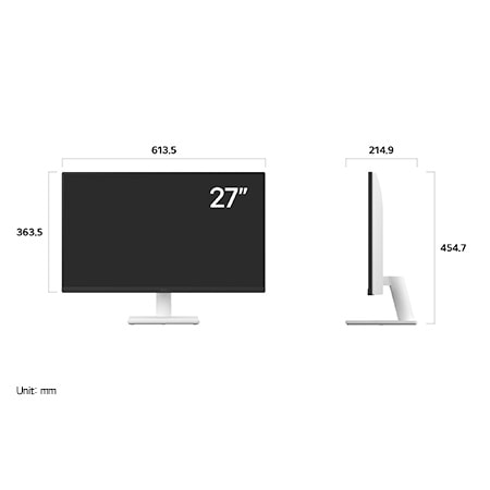 LG Monitor 27US500 displaying dimensions, measuring 613.5 mm width, 363.5 mm display height, 454.8 mm total height, and 211.5 mm depth.