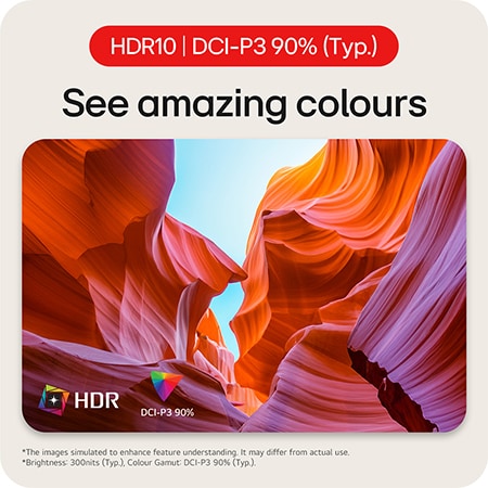 LG Monitor 27US500, featuring HDR10 support and DCI-P3 90% colour gamut, displaying amazing and vivid colours at 300 nits brightness.