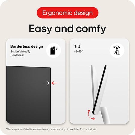 LG Monitor 27US500, featuring a 3-side borderless design and ergonomic tilt function (−5∘ to 15∘), provides an easy and comfortable viewing experience.