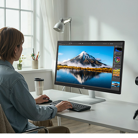 The LG Monitor 27US500 in a white finish, featuring 4K UHD resolution, is shown being used for professional photo editing of a detailed landscape in a bright home office.