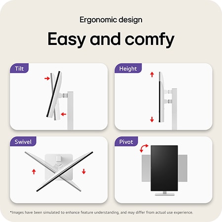 LG Monitor 27US550 showcasing the ergonomic design with features including Tilt, Height adjustment, Swivel, and Pivot rotation for simple and comfortable use.