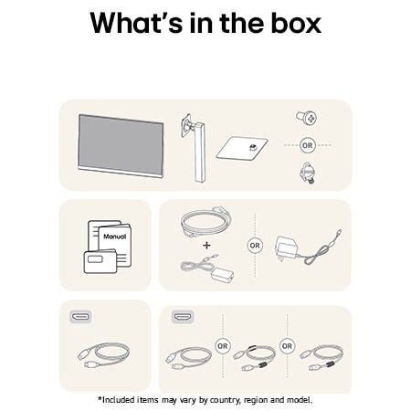 LG Monitor 27US550 showing an overview of all included components, including the monitor body, stand parts, manual, power adapter, and HDMI and DP cables.