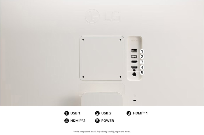 Rear view of the LG Monitor 27U511SA in a white finish, showcasing dual HDMI and dual USB ports for versatile connectivity.