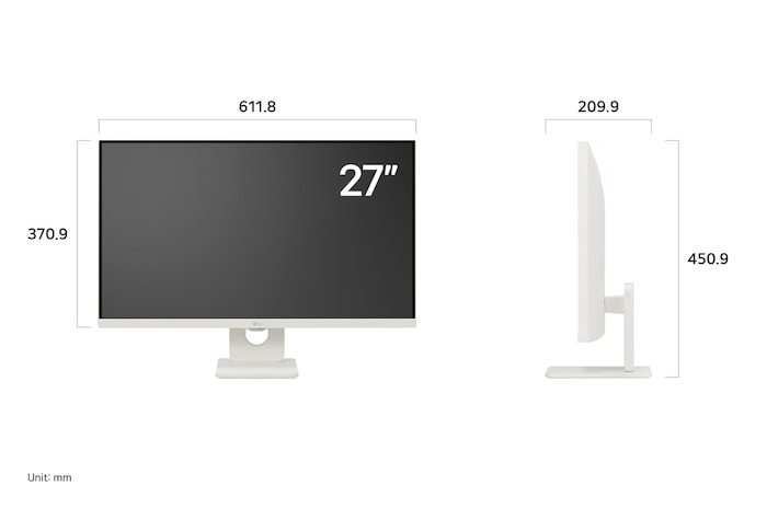 LG Monitor 27U511SA in a white finish displaying dimensions, measuring 611.8 mm width, 370.9 mm display height, 450.9 mm total height, and 209.9 mm depth.