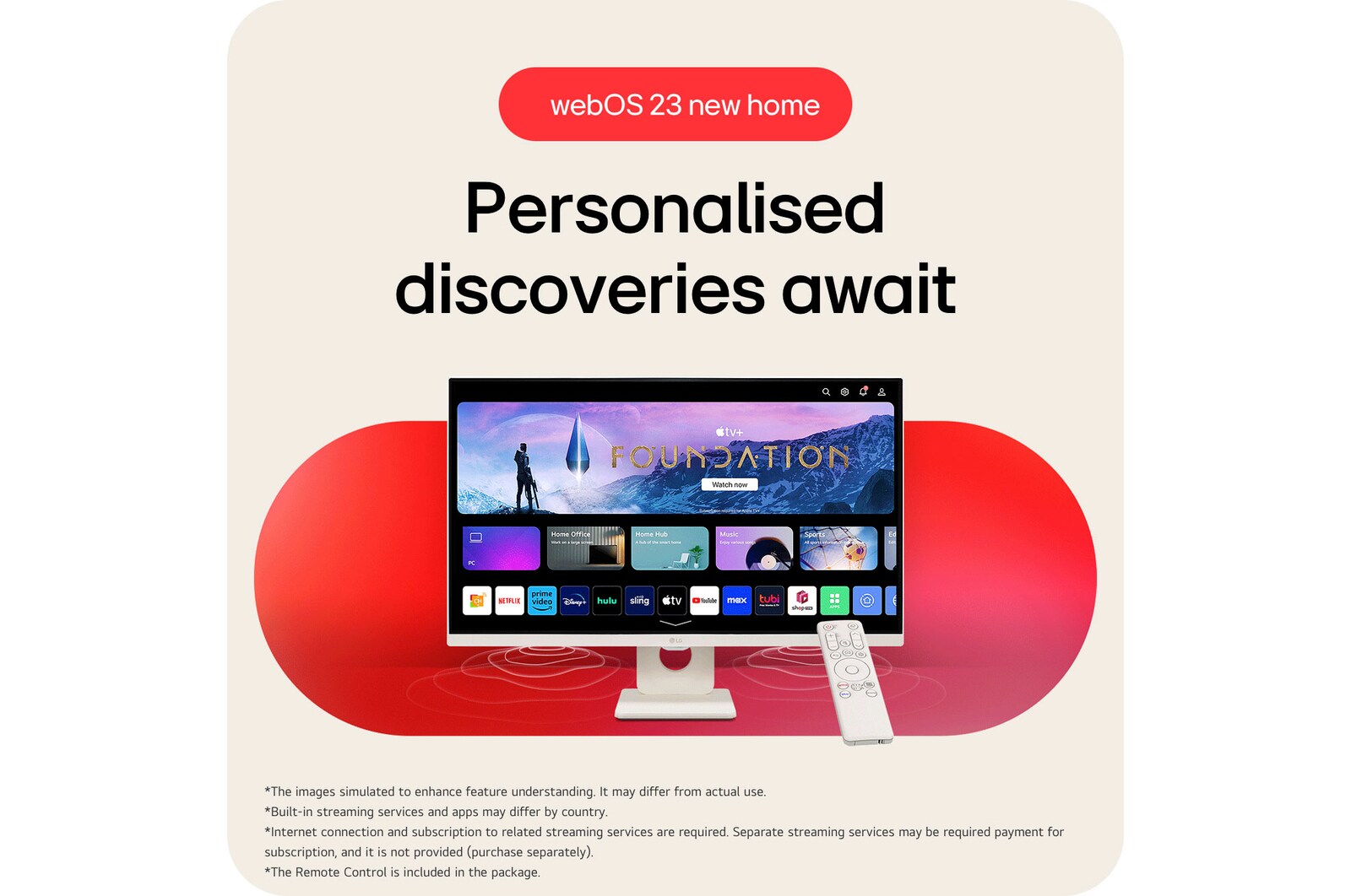 LG Smart Monitor 27U511SA-W featuring the webOS 23 New Home interface, offering personalized access to streaming services and smart discoveries, controlled by the included remote.