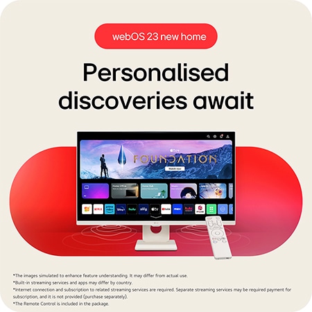 LG Smart Monitor 27U511SA-W featuring the webOS 23 New Home interface, offering personalized access to streaming services and smart discoveries, controlled by the included remote.
