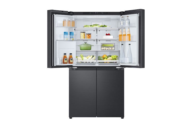 Front view with top door open with food