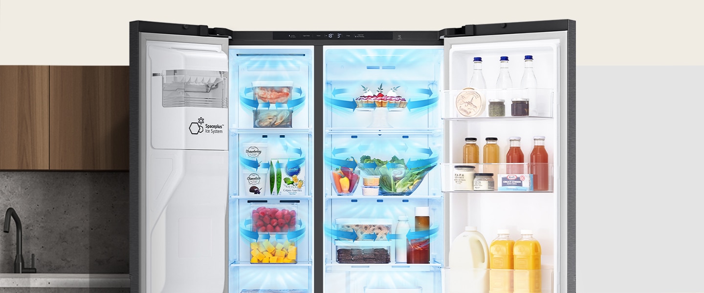 Inside the refrigerator filled with ingredients, blue arrows, which mean cold, are displayed below, on both sides, and on the whole.