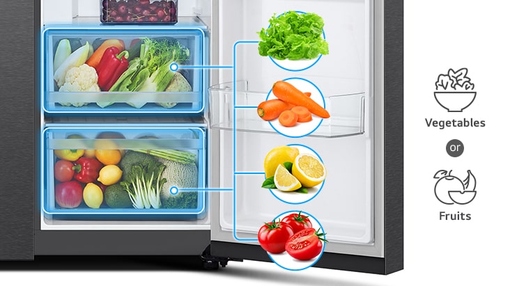 The 2 baskets below the refrigerator can store approximately 2 sorts of foods, which are veggies and fruits