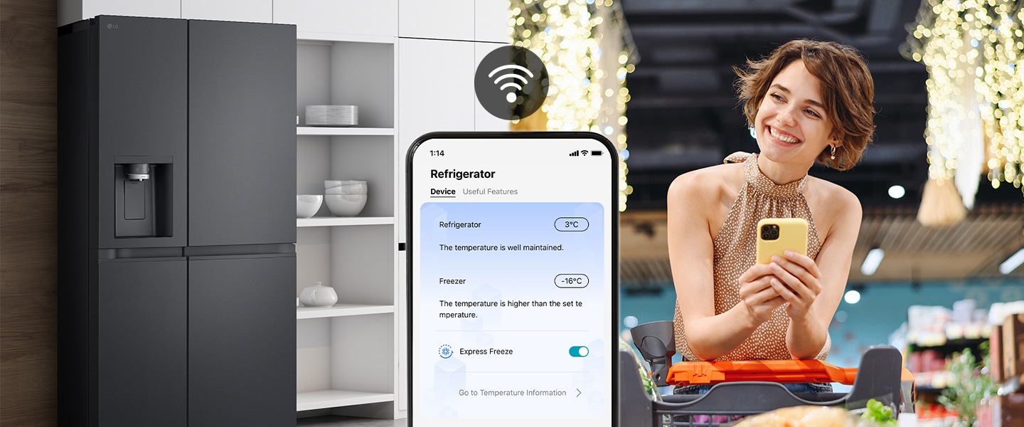 Image on the right shows a woman standing in a grocery store looking at her phone. Image on the left shows the refrigerator front view. In the center of the images is an icon to show connectivity between the phone and refrigerator.