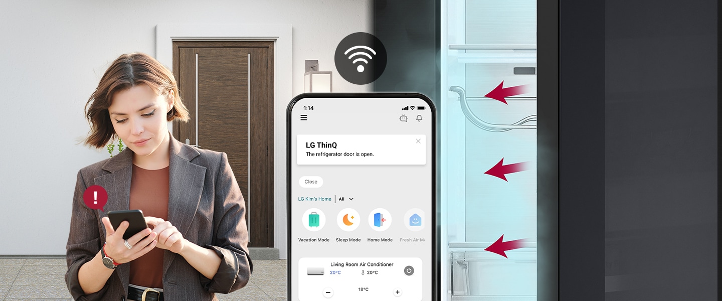 On the left side the woman is coming home and checks the state of the refrigerator using the smartphone and there is a smartphone in-screen in the middle, the refrigerator is open and the cooling wind comes out from the door on the right side.