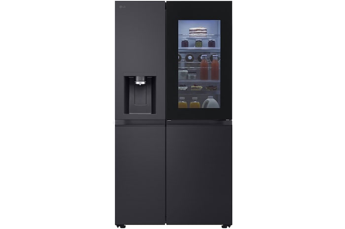 Front view of 628L InstaView™ Side-By-Side Refrigerator Essence Black Steel (GSXE90EVAD)