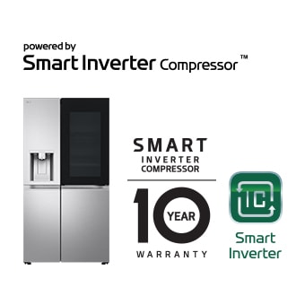 Product image with Smart Inverter Compressor™ Logo and 10 year warranty Logo.