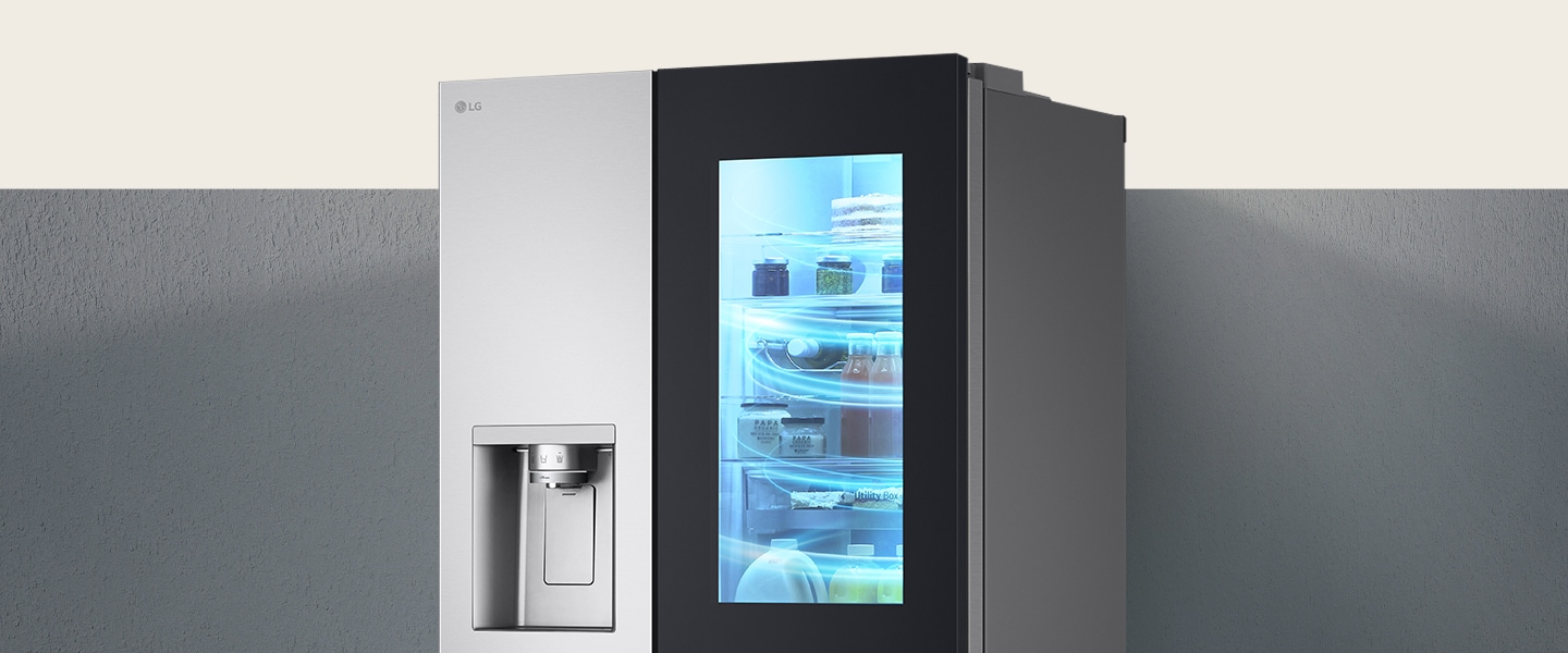 The half-side view of the InstaView refrigerator. This is a picture of a refrigerator filled with cold air.