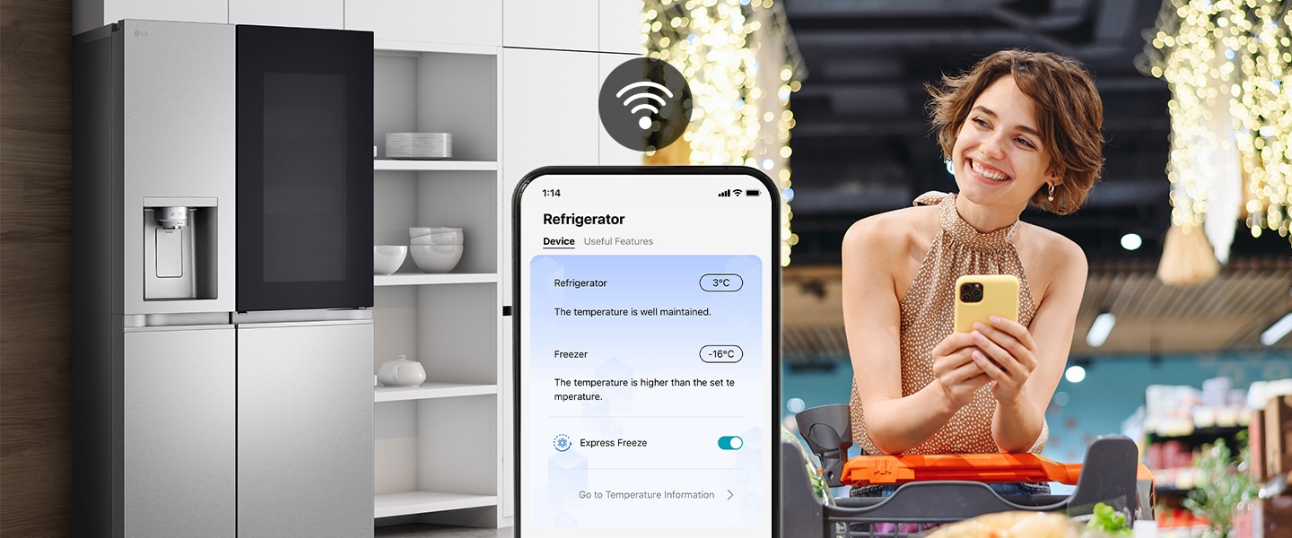 Image on the right shows a woman standing in a grocery store looking at her phone. Image on the left shows the refrigerator front view. In the center of the images is an icon to show connectivity between the phone and refrigerator.