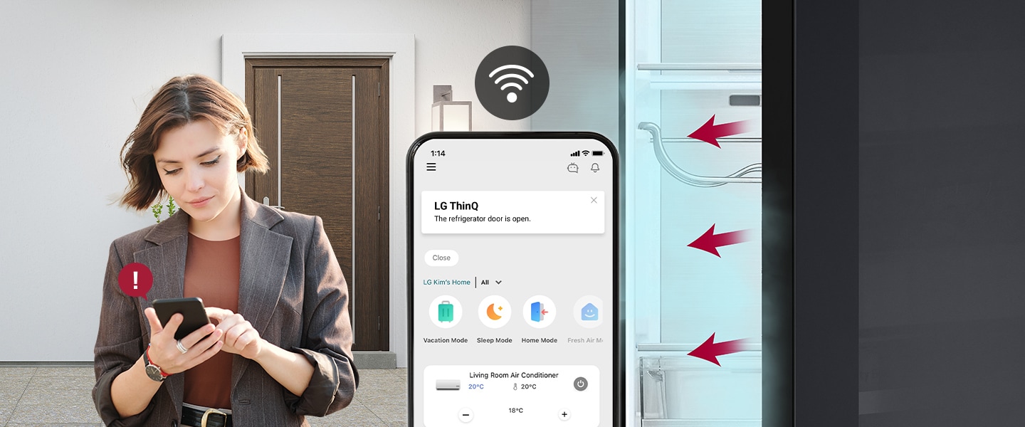 On the left side the woman is coming home and checks the state of the refrigerator using the smartphone and there is a smartphone in-screen in the middle, the refrigerator is open and the cooling wind comes out from the door on the right side.