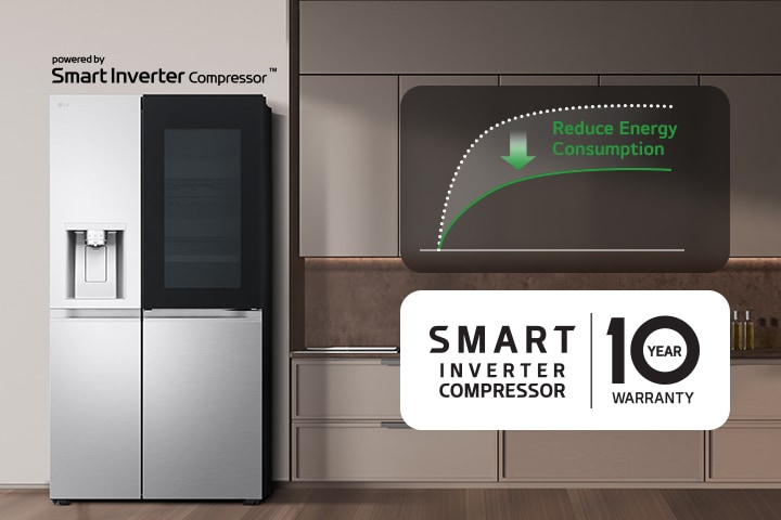 The refrigerator is installed in the kitchen wall and there is a graph showing the reduction of energy consumption using the smart inverter compressor.