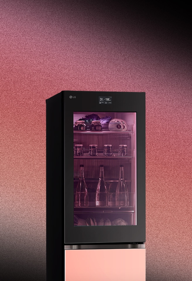 Image of a refrigerator in the background of a color gradient.