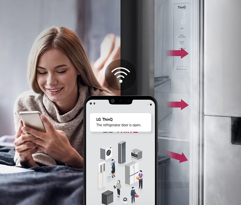 A woman lounges on a bed looking at her phone screen on one image. The second image shows that the refrigerator door has been left open. In the foreground of the two images is the phone screen which shows the LG ThinQ app notifications and the Wifi icon above the phone.