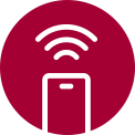 Smartphone icon with three curved lines above, indicating wireless connectivity on a grey background. A smartphone icon within a maroon circle emitting Wi-Fi signals, representing wireless connectivity.