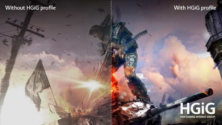 A_game_scene,_half_on_a_LCD/LED TV with poor picture quality, and other half on a LG OLED TV with crisp, vivid picture quality